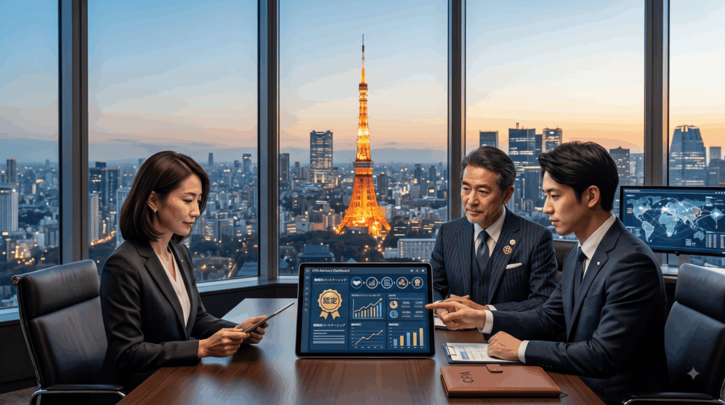 東京のオフィスで顧問税理士と経営者が打ち合わせをしている様子